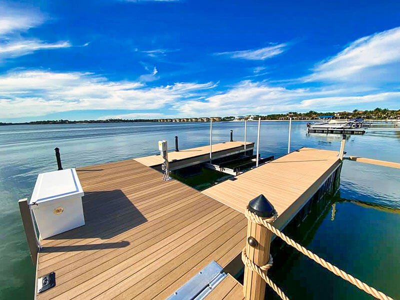 Large closeup of wooden IMM Quality floating boat dock for sale