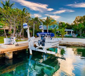 This Platinum elevator boat lift raises a white and blue boat from the water at a residential home