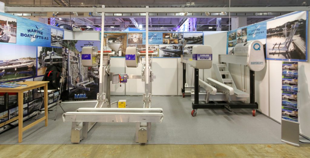 Interior view of IMM Quality Boat Lifts booth at the international boat show in Norway